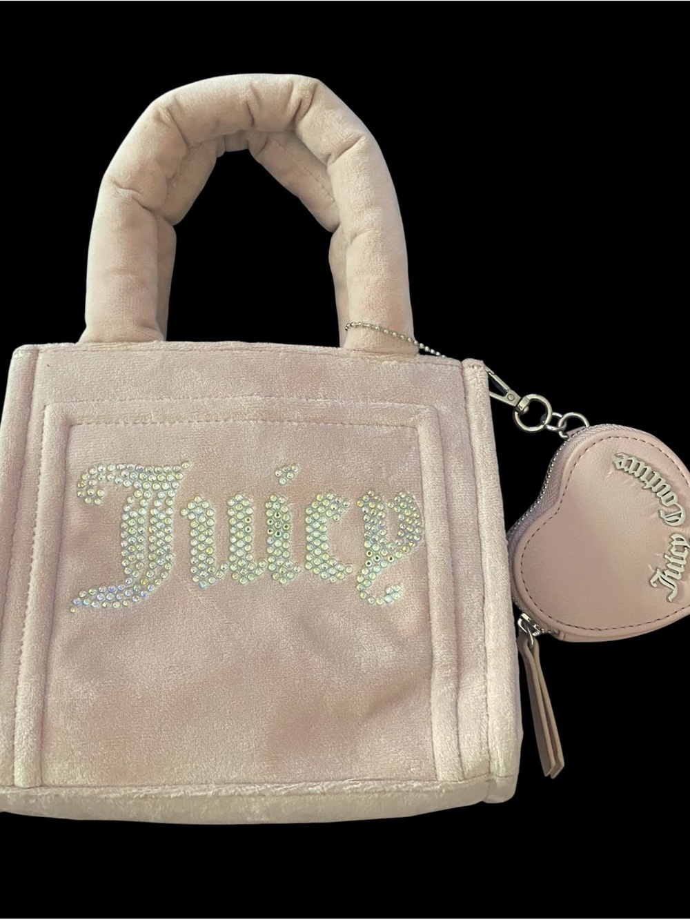 Juicy Couture Pale Pink Plush Mini Tote with Rhinestone Logo & Heart Pouch